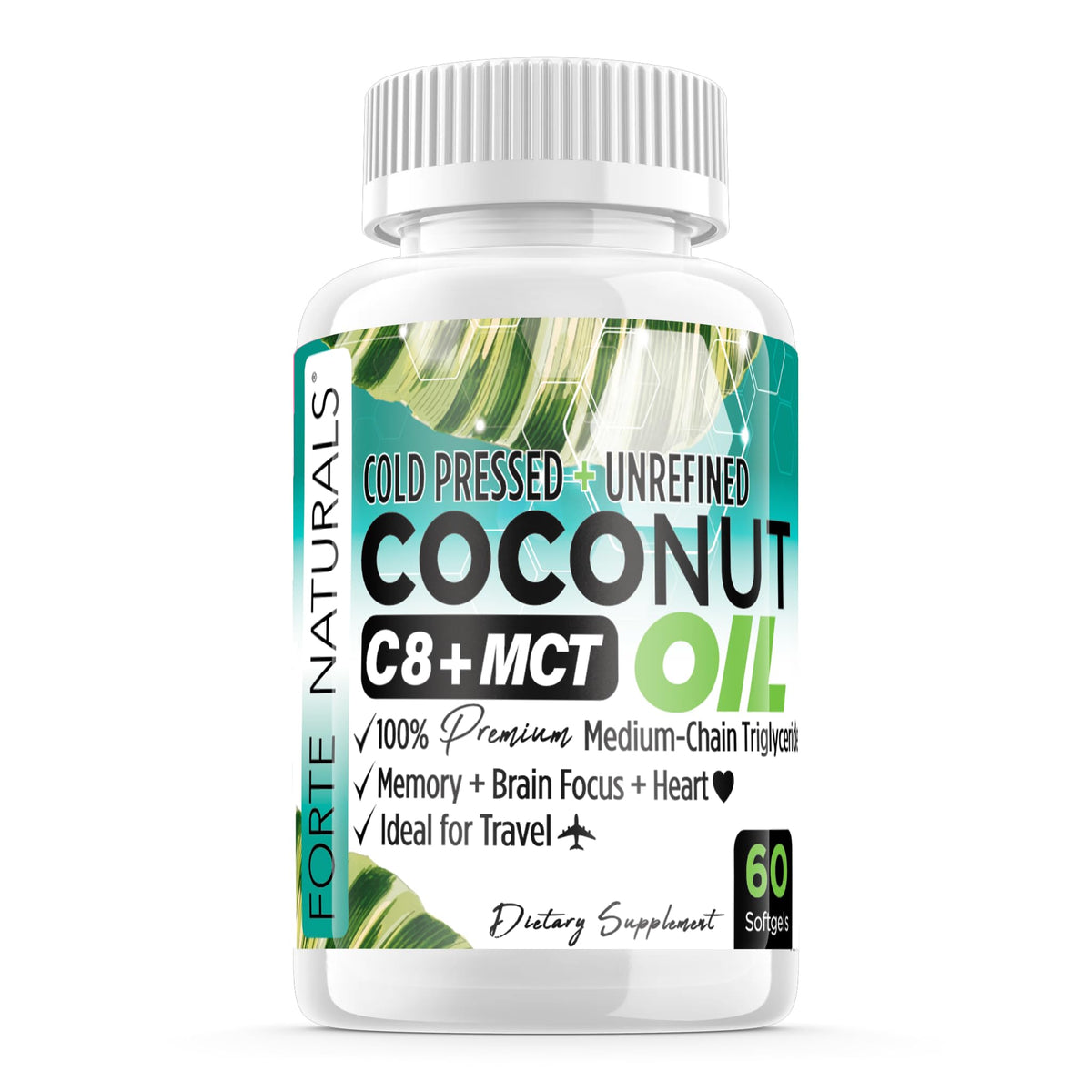 FORTE NATURALS Coconut Oil Softgels bottle closeup for gut health support