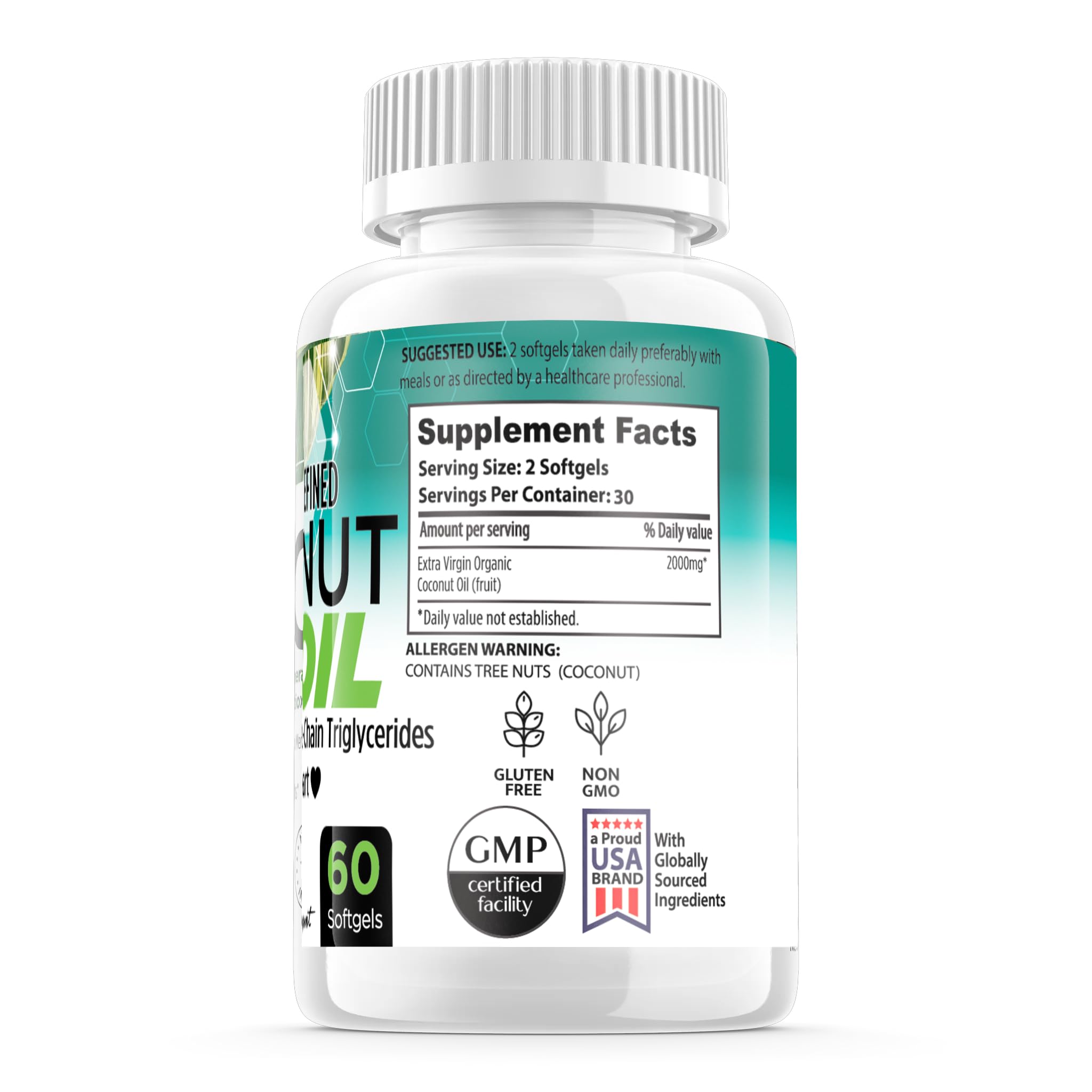 FORTE NATURALS Coconut Oil Softgels label detail highlights unrefined quality