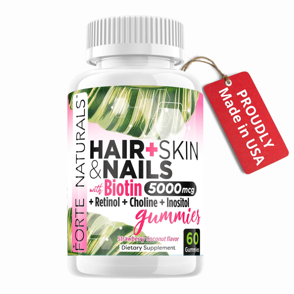 FORTE NATURALS Hair Growth Biotin Gummies bottle supports hair health and shine.