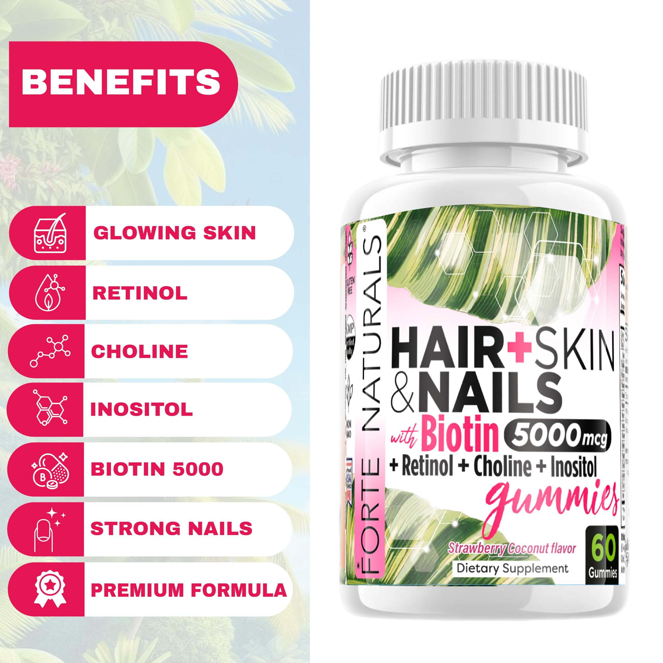 FORTE NATURALS gummies closeup shows strawberry coconut flavor for daily use.