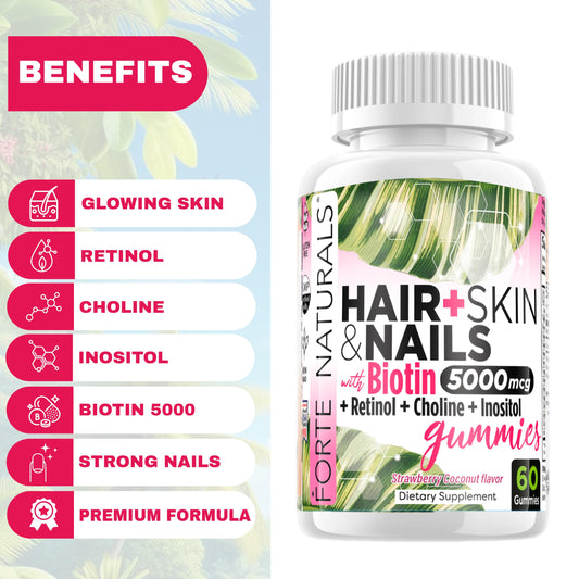 FORTE NATURALS gummies closeup shows strawberry coconut flavor for daily use.