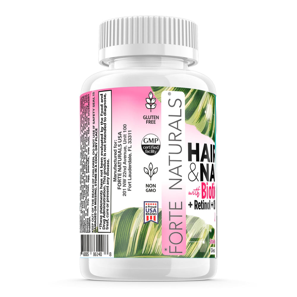 FORTE NATURALS gummies jar suggests convenient nails, skin, and hair support.