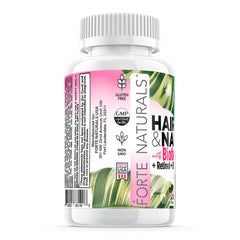 FORTE NATURALS gummies jar suggests convenient nails, skin, and hair support.