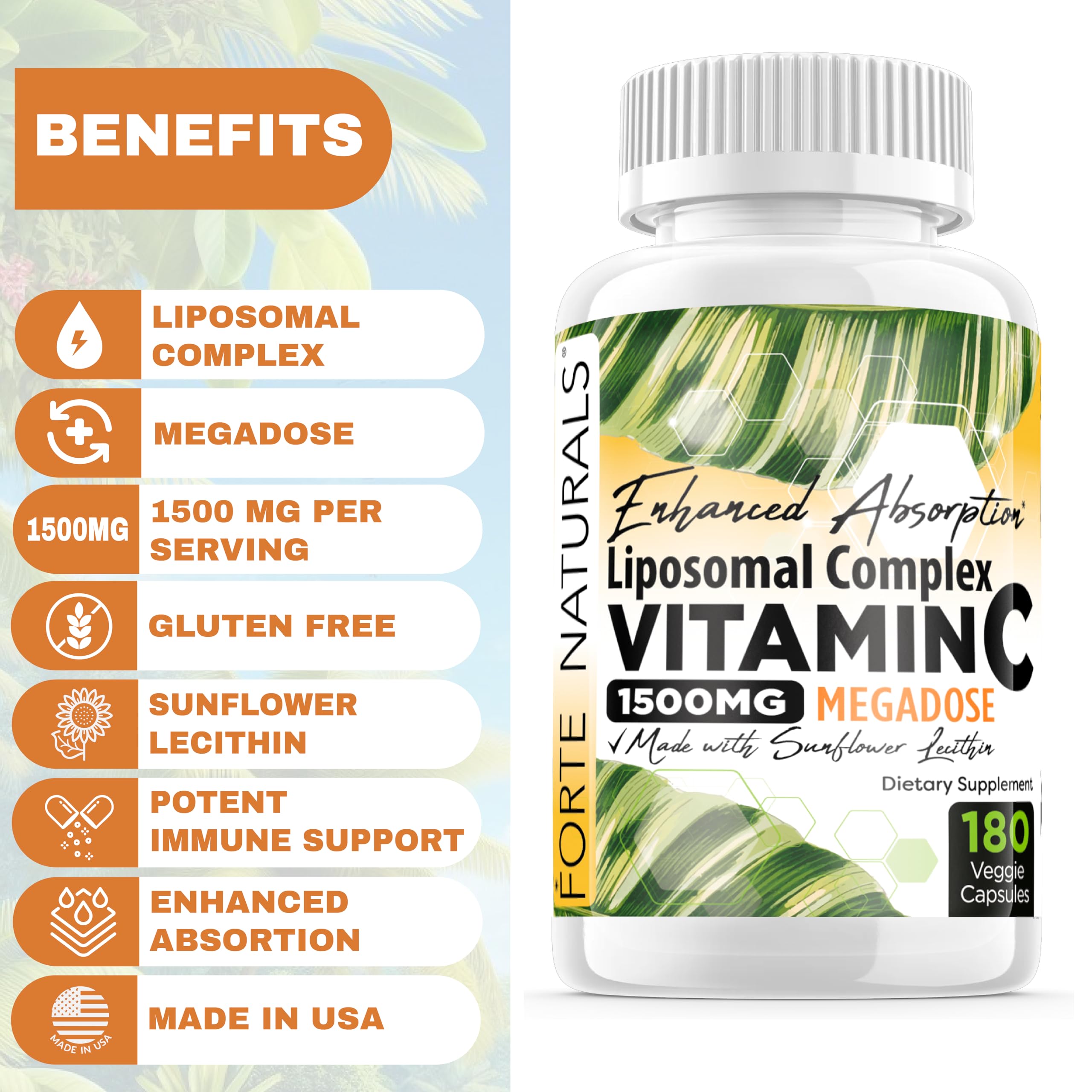 FORTE NATURALS Vitamin C 1500mg label closeup highlights dosage and ingredients