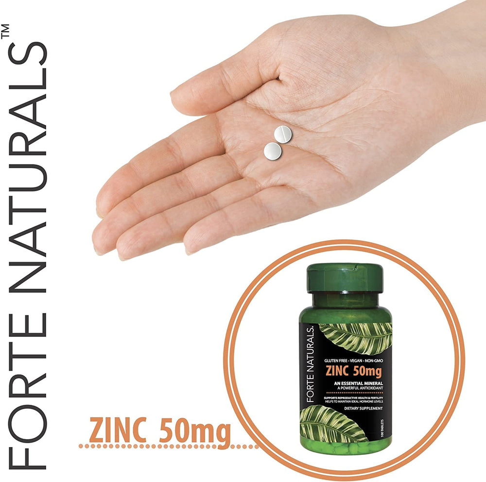 FORTE NATURALS Zinc 50mg daily-use tablet with water for easy routines.