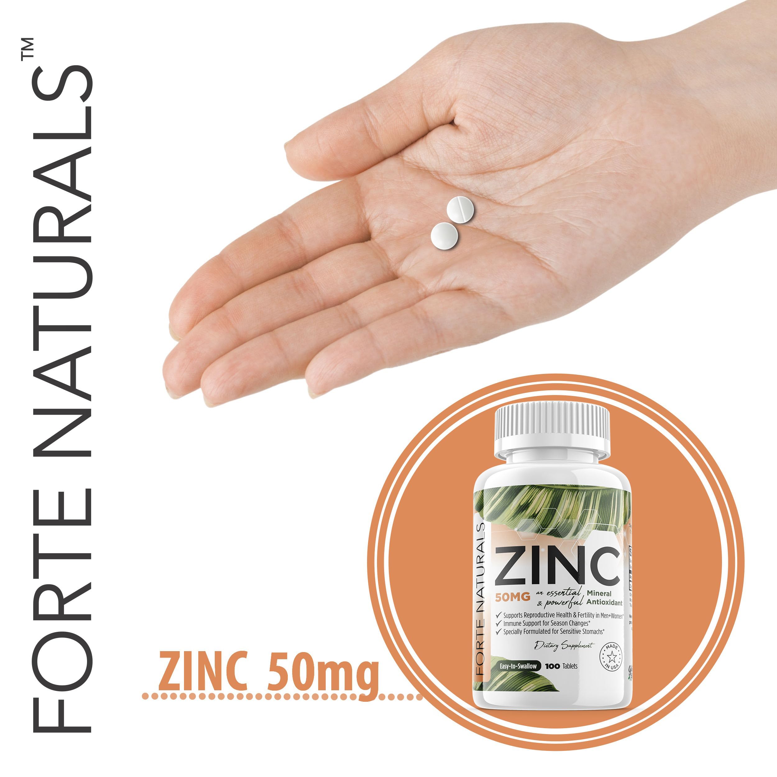 FORTE NATURALS zinc 50mg bottle with dosage guidance.