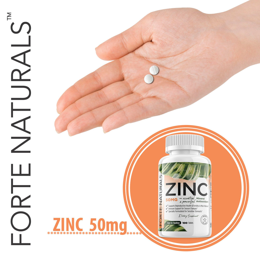 FORTE NATURALS zinc 50mg bottle with dosage guidance.