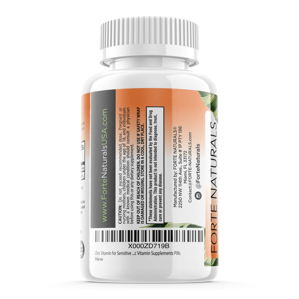FORTE NATURALS zinc 50mg label showing ingredients and purity.