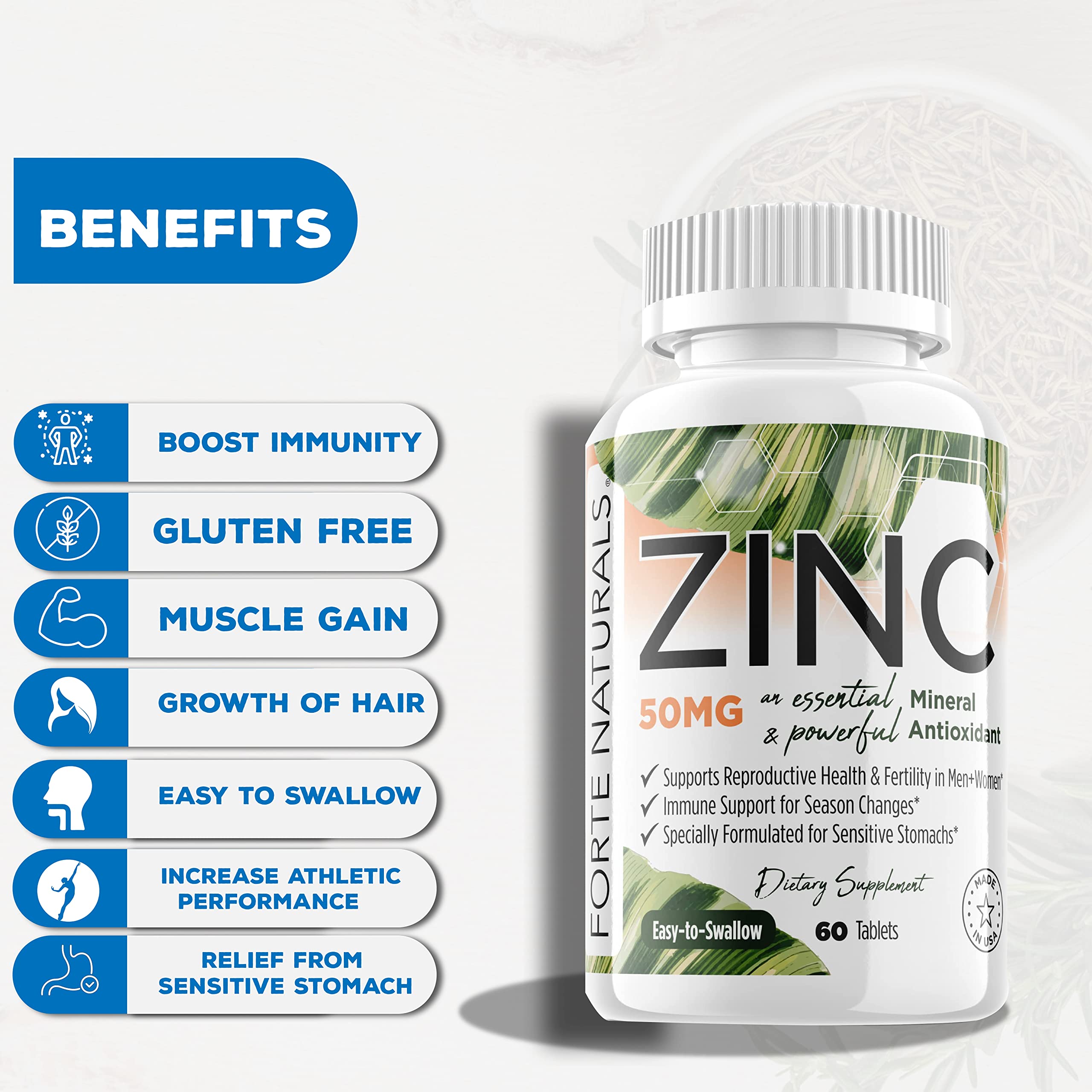 FORTE NATURALS zinc 50mg packaging box highlights vegan, non-GMO features.