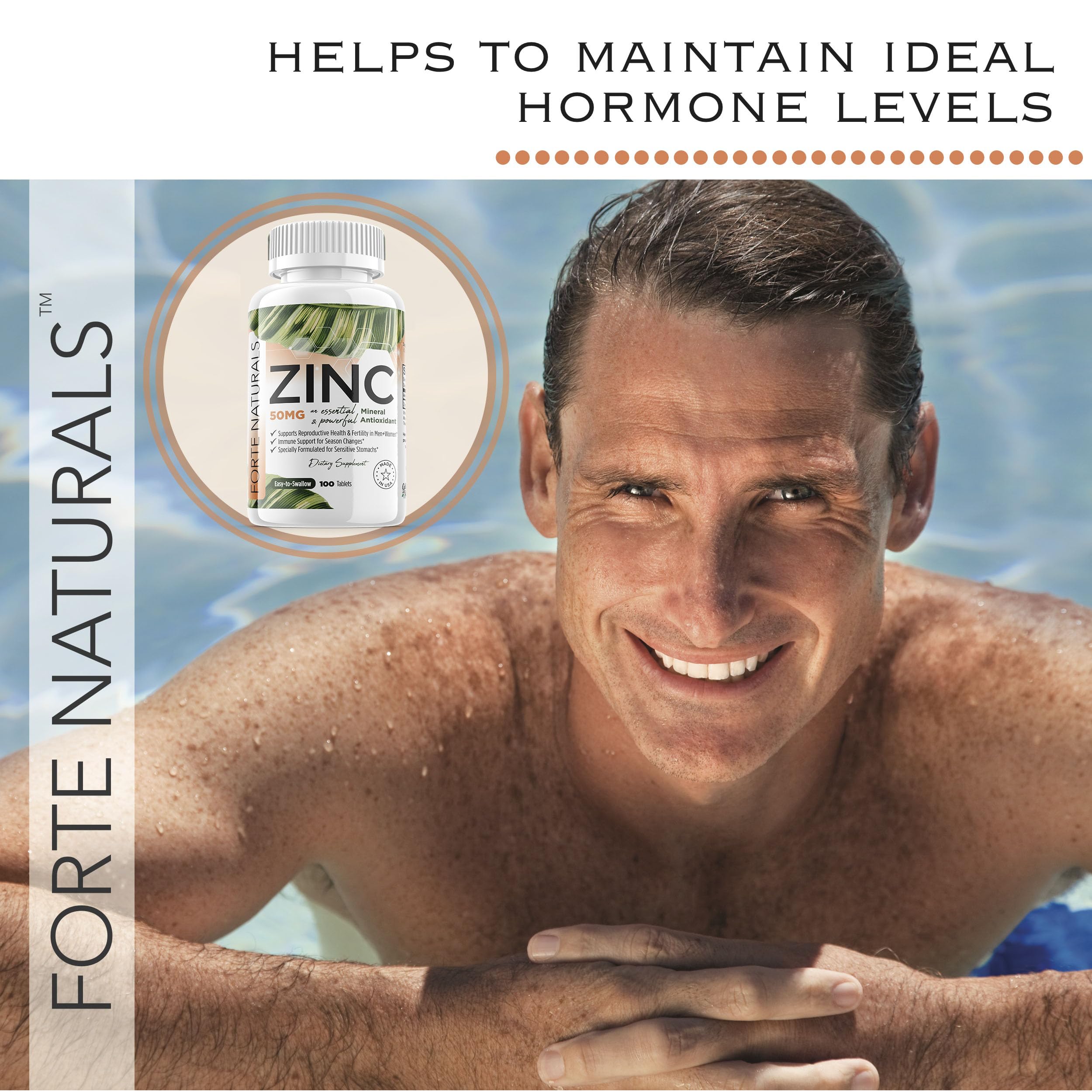 FORTE NATURALS zinc 50mg USA-made seal indicating quality.