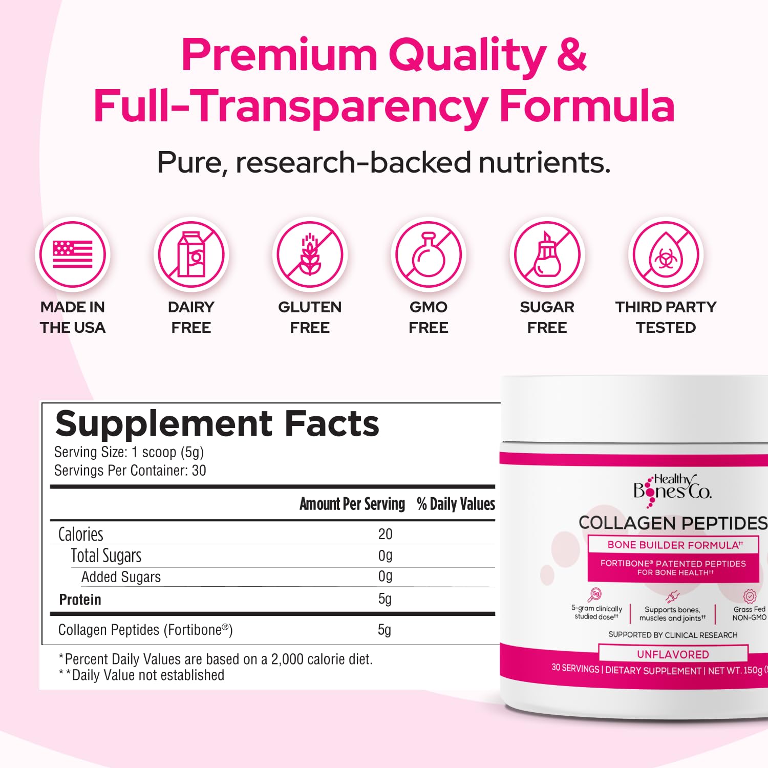 Fortibone gluten-free and dairy-free label highlights clean ingredients.