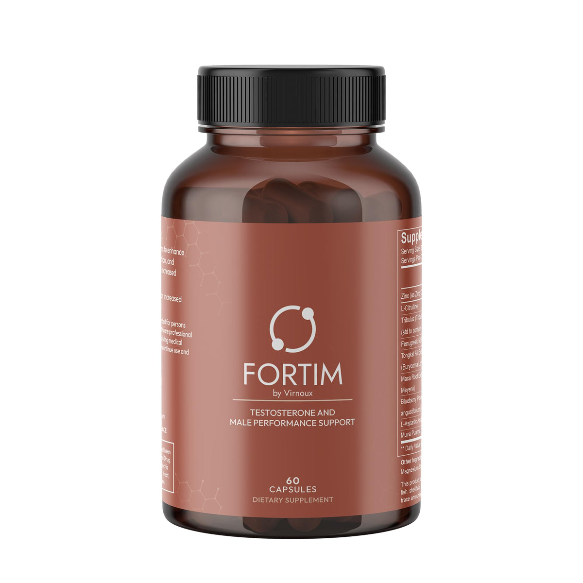Fortim bottle front view shows doctor-formulated testosterone support for men's vitality.