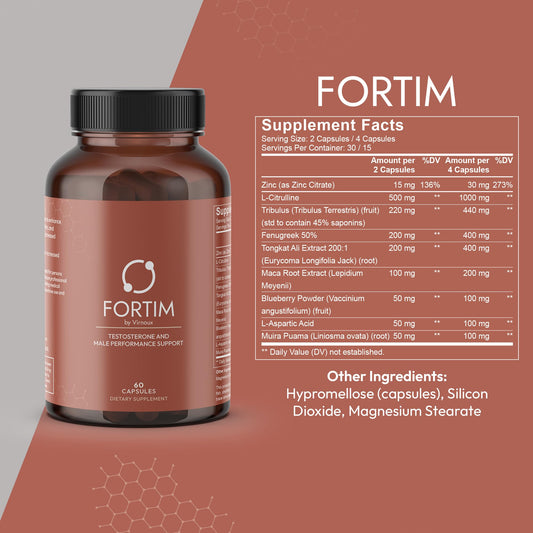 Fortim bottle label detail highlights Tongkat Ali and Fenugreek for energy and mood.