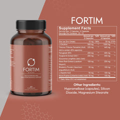 Fortim bottle label detail highlights Tongkat Ali and Fenugreek for energy and mood.