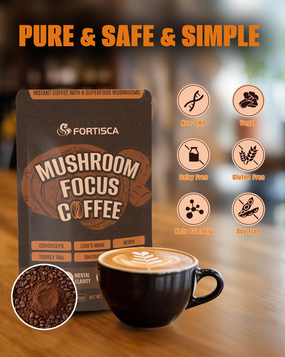 FORTISCA Arabica beans with mushroom blend for balanced energy and flavor