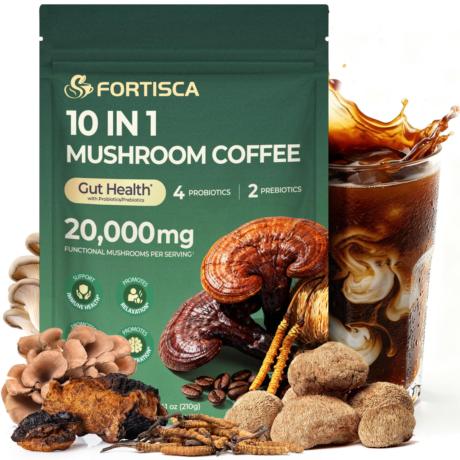 FORTISCA Mushroom Coffee cup shows rich, low-acid brew for steady energy.