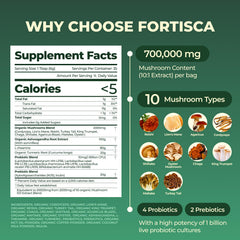 FORTISCA probiotic bottle highlights gut-friendly mushroom blend for daily support.