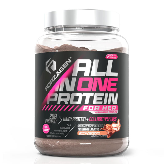 Forzagen All in One Protein for Her Dutch Chocolate bottle pour supports post-workout recovery.
