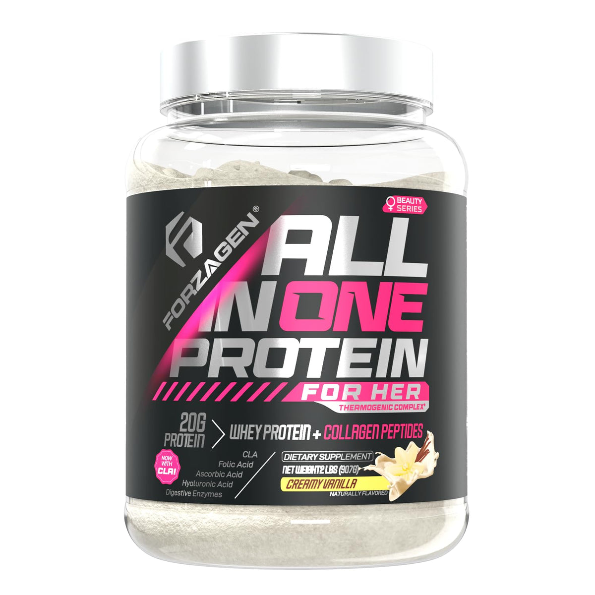 Forzagen All in One Protein for Her vanilla tub with scoop supports post-workout recovery