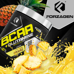 Forzagen BCAAs powder alongside a glass of water, highlighting easy absorption.