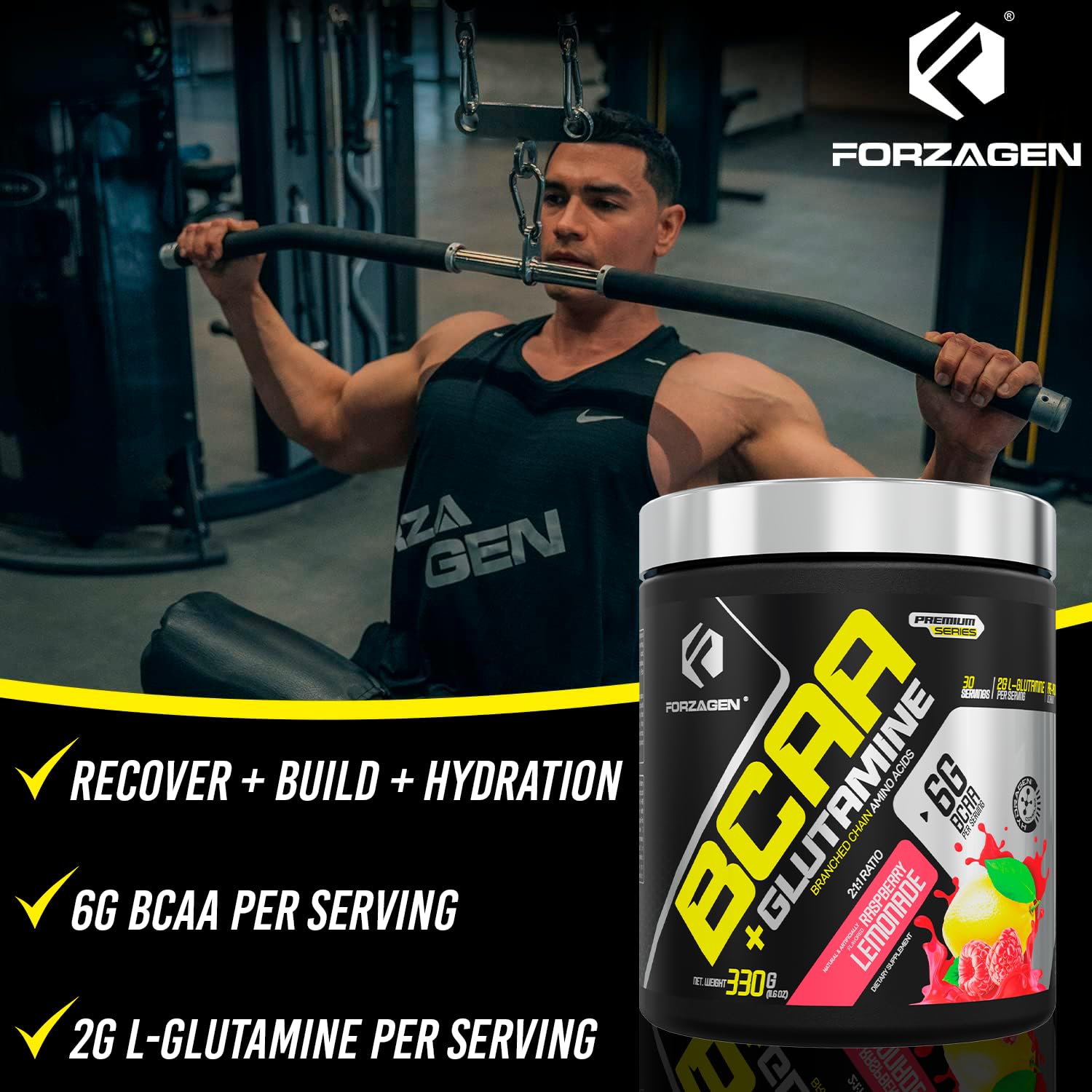 Forzagen energy-boosting BCAAs with glutamine for workouts.