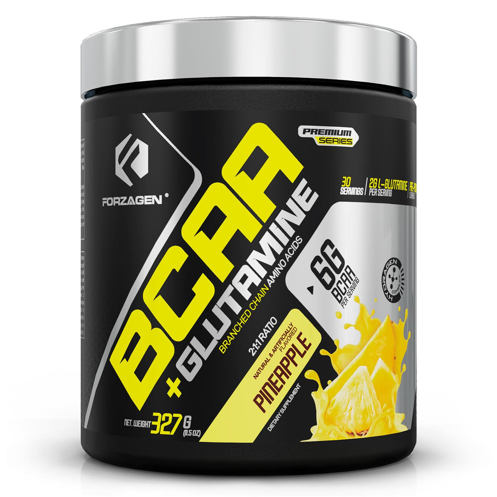 Forzagen BCAAs powder bottle on table, highlighting delicious flavor for pre-workout sipping.