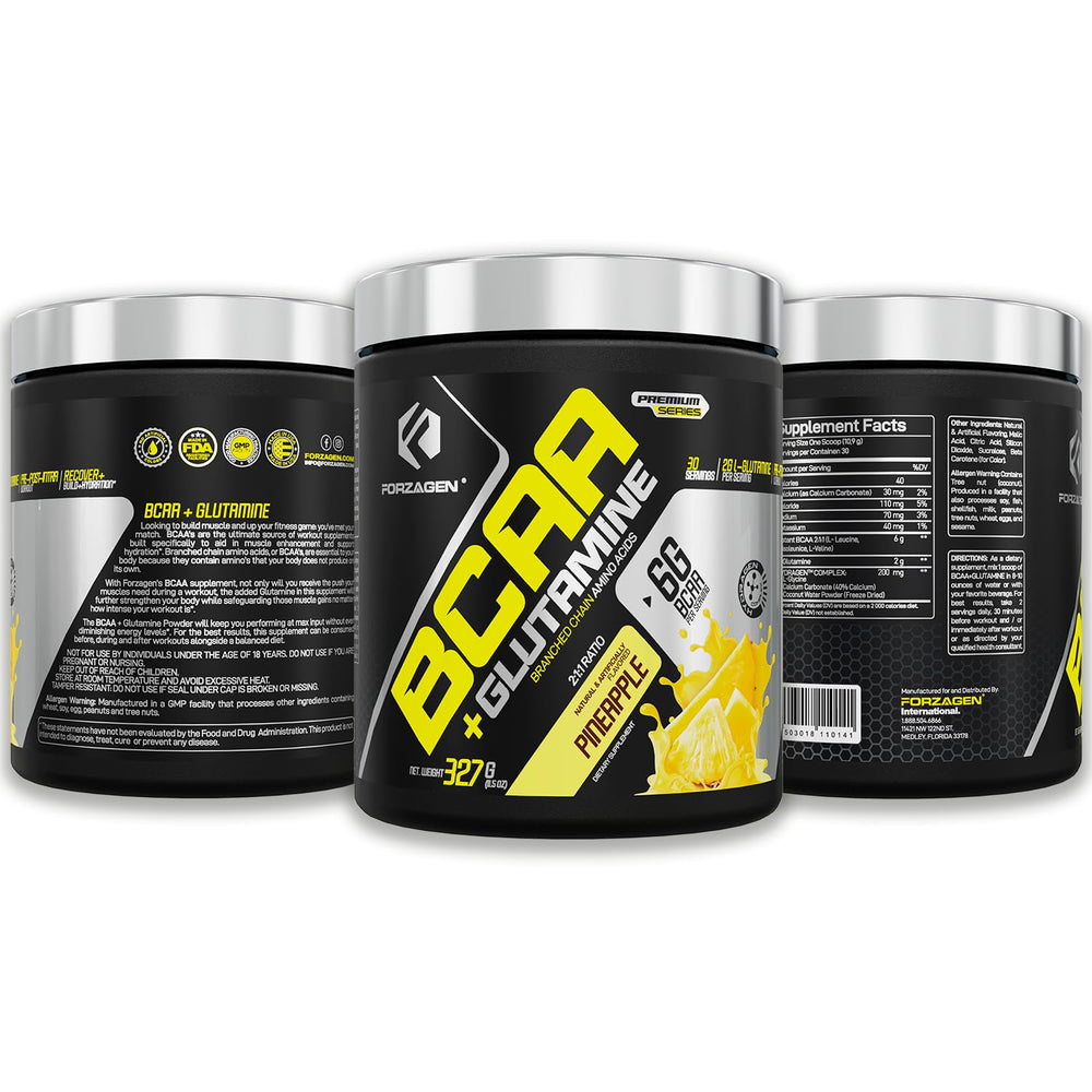 Forzagen BCAAs label and scoop, suggesting convenient pre-workout energy at a glance.