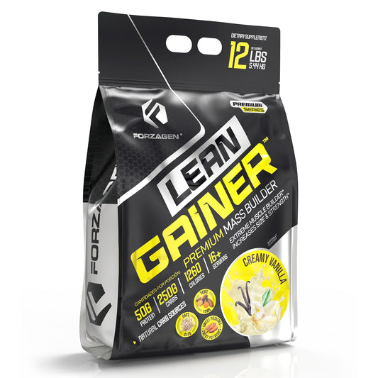 Forzagen Lean Gainer Premium bottle showing the mass builder for steady gains
