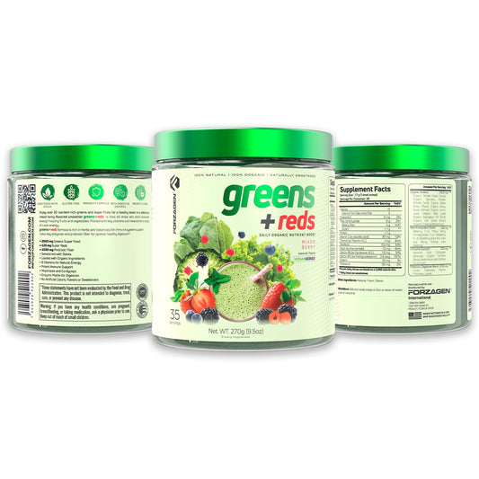 Forzagen Greens & Reds powder bottle closeup highlights natural ingredients and vibrant color.