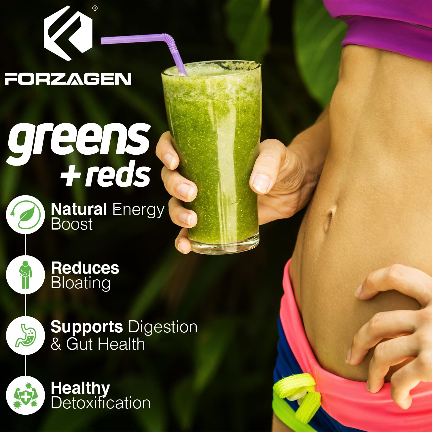 Forzagen ingredients shot highlights diverse greens and fruit blends for nutrient variety.
