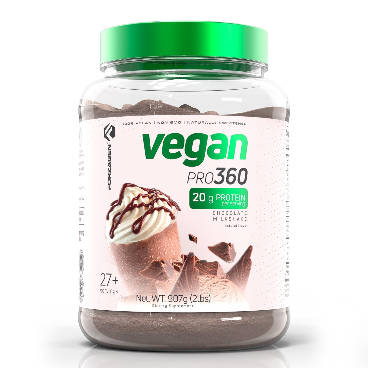Forzagen Vegan Protein 360 bottle front label highlights plant-based protein for active days.