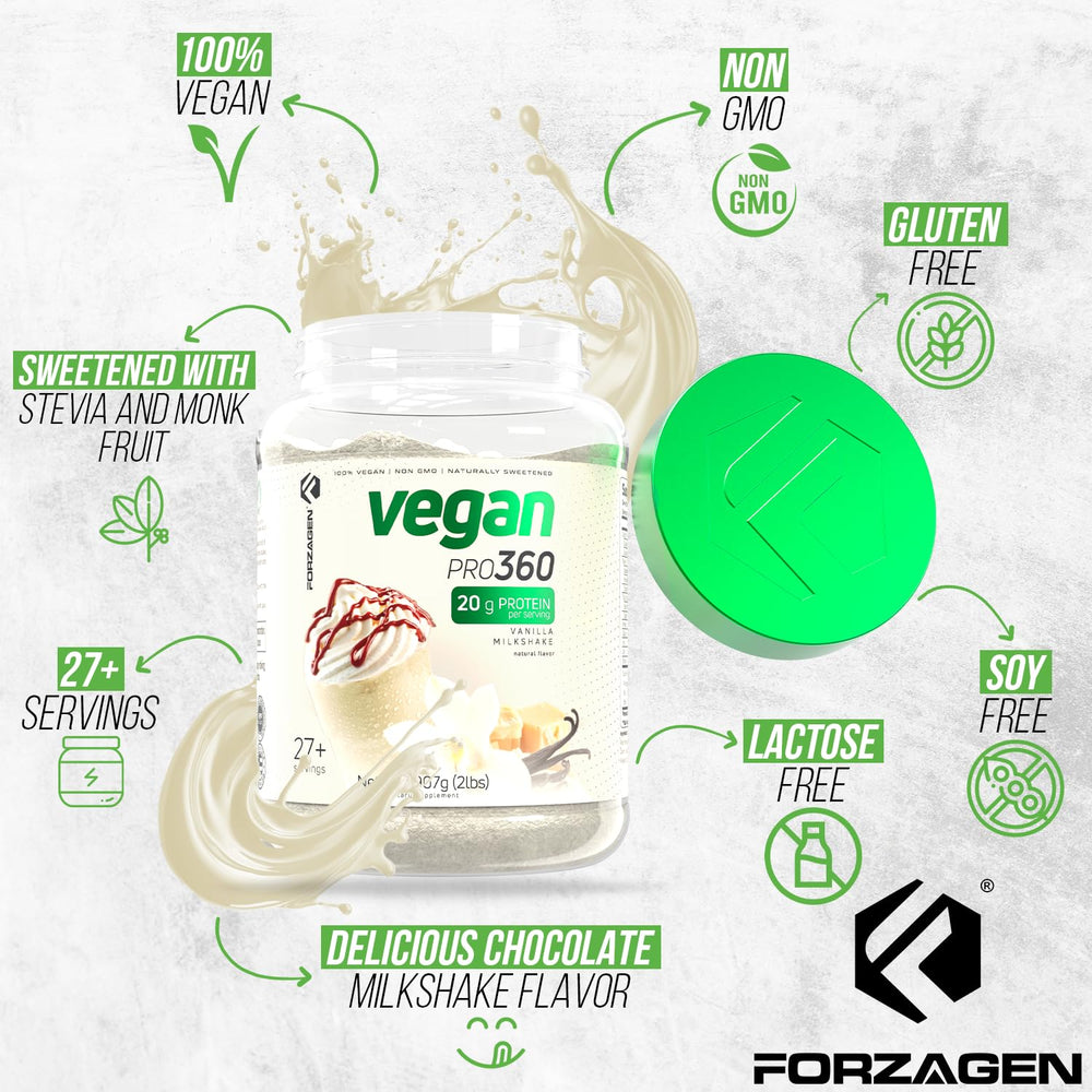 Forzagen Vegan Protein 360 vanilla flavor bottle cap, convenient on-the-go protein.
