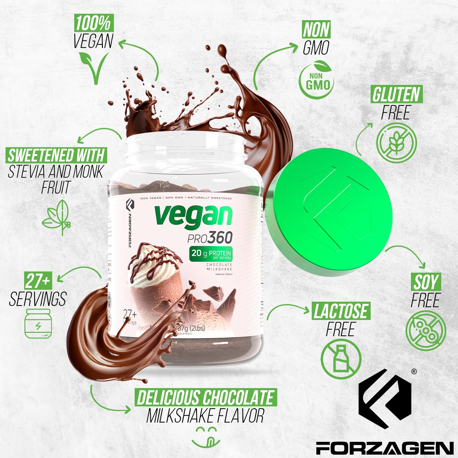 Forzagen Vegan Protein 360 gluten-free icon signals diet-friendly choice.