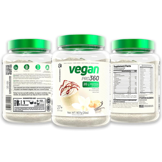 Forzagen Vegan Protein 360 ingredients close-up, quinoa, rice, and pea blend for clean protein.