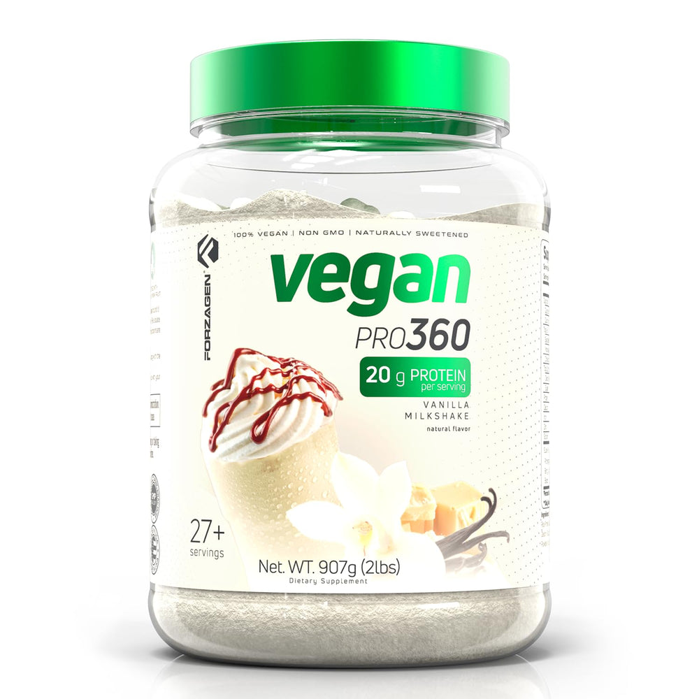 Forzagen Vegan Protein 360 tub front view, plant-based protein fueling active lifestyles.