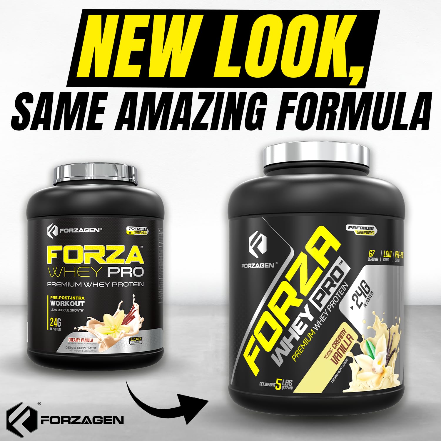 Forzagen Whey PRO scoop highlighting 34g serving size and high protein