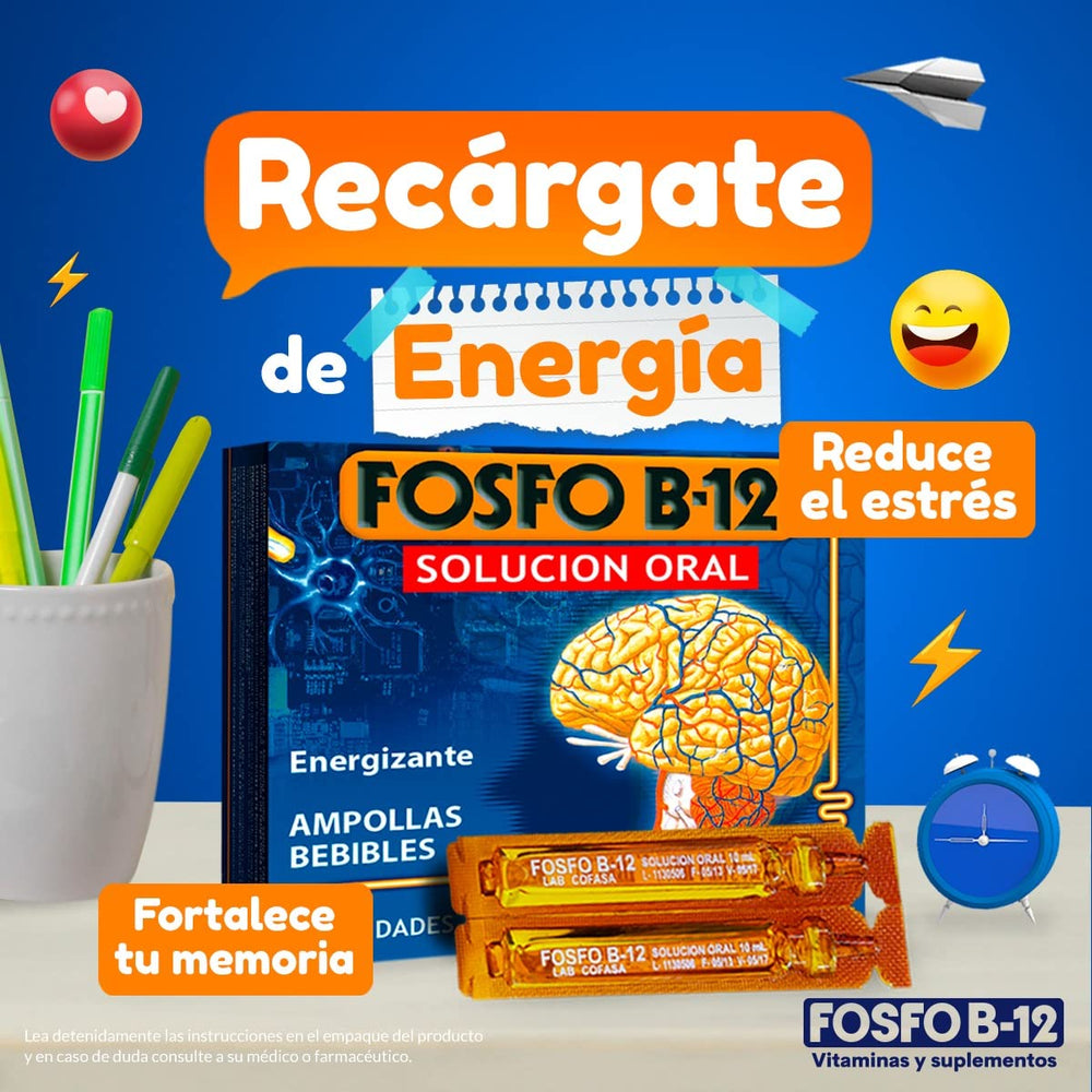 Closeup of Fosfo B-12 ampoule label showing vitamin blend for daily brain support
