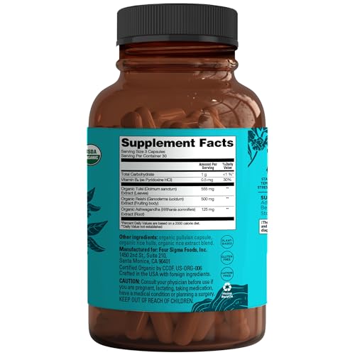 Four Sigmatic Calm Capsules with organic ashwagandha powder highlighting adaptogenic support.