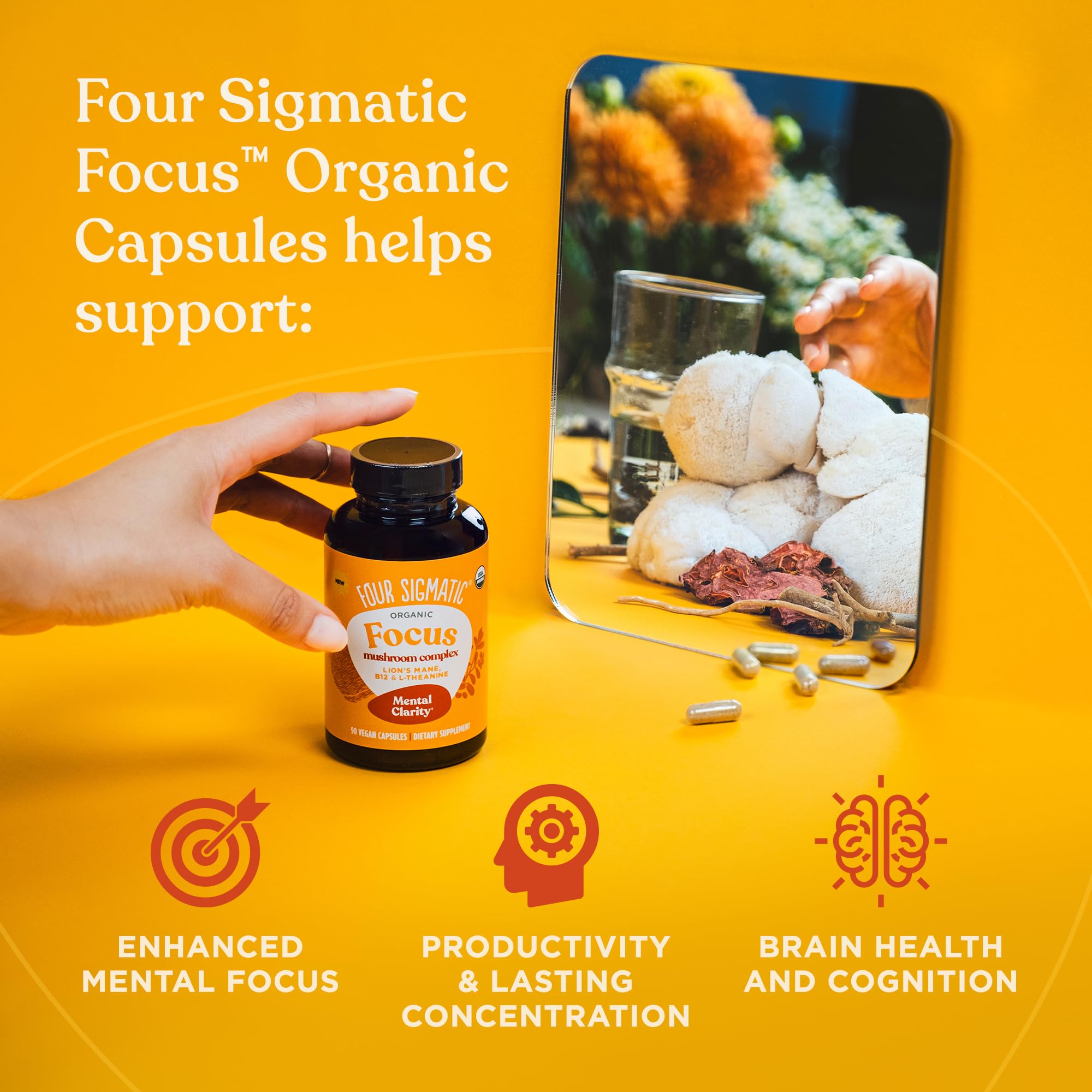 Four Sigmatic Focus Capsules ashwagandha roots visual suggests stress resilience and calm focus.