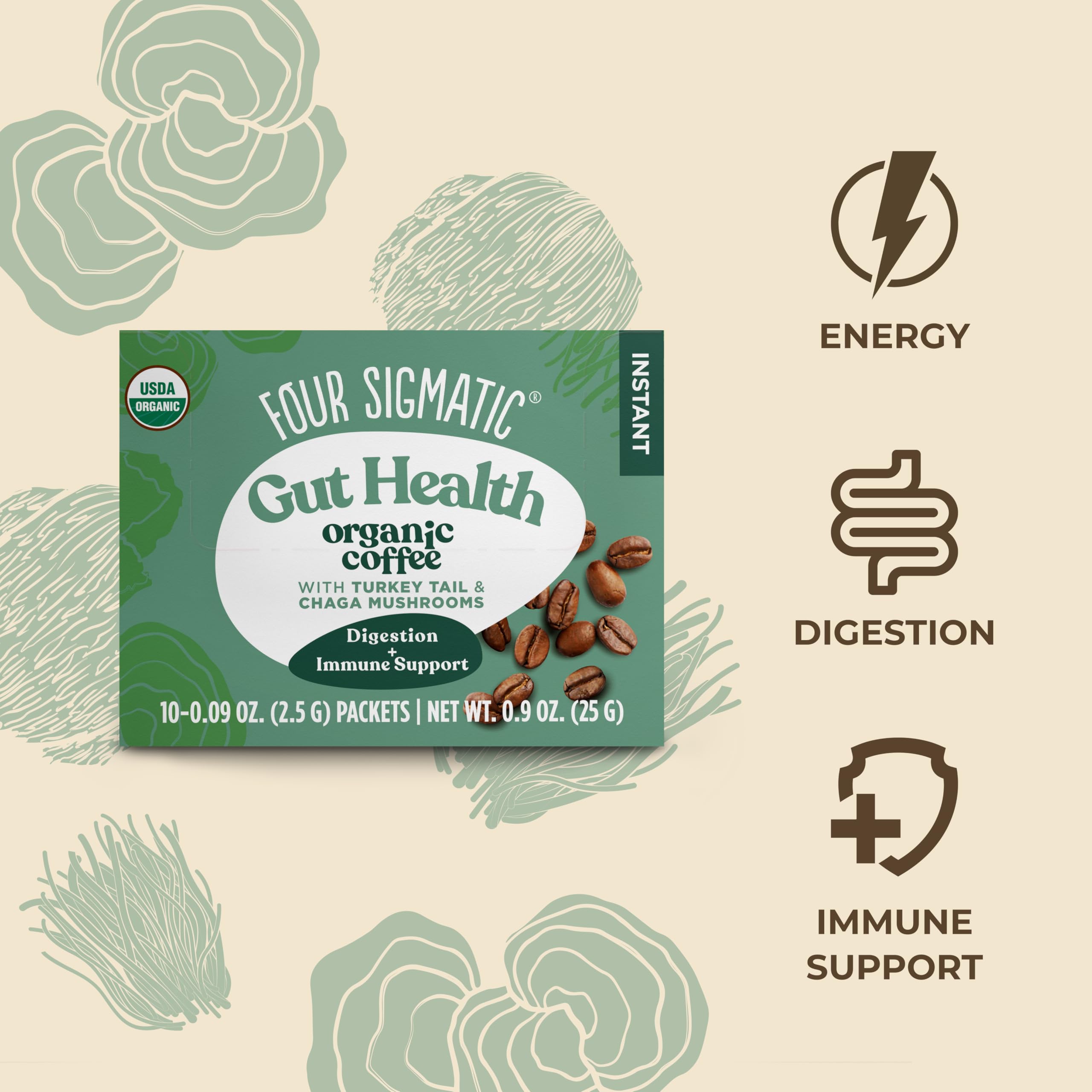 Four Sigmatic mushroom coffee pack 2 packaging display showcasing two blends.