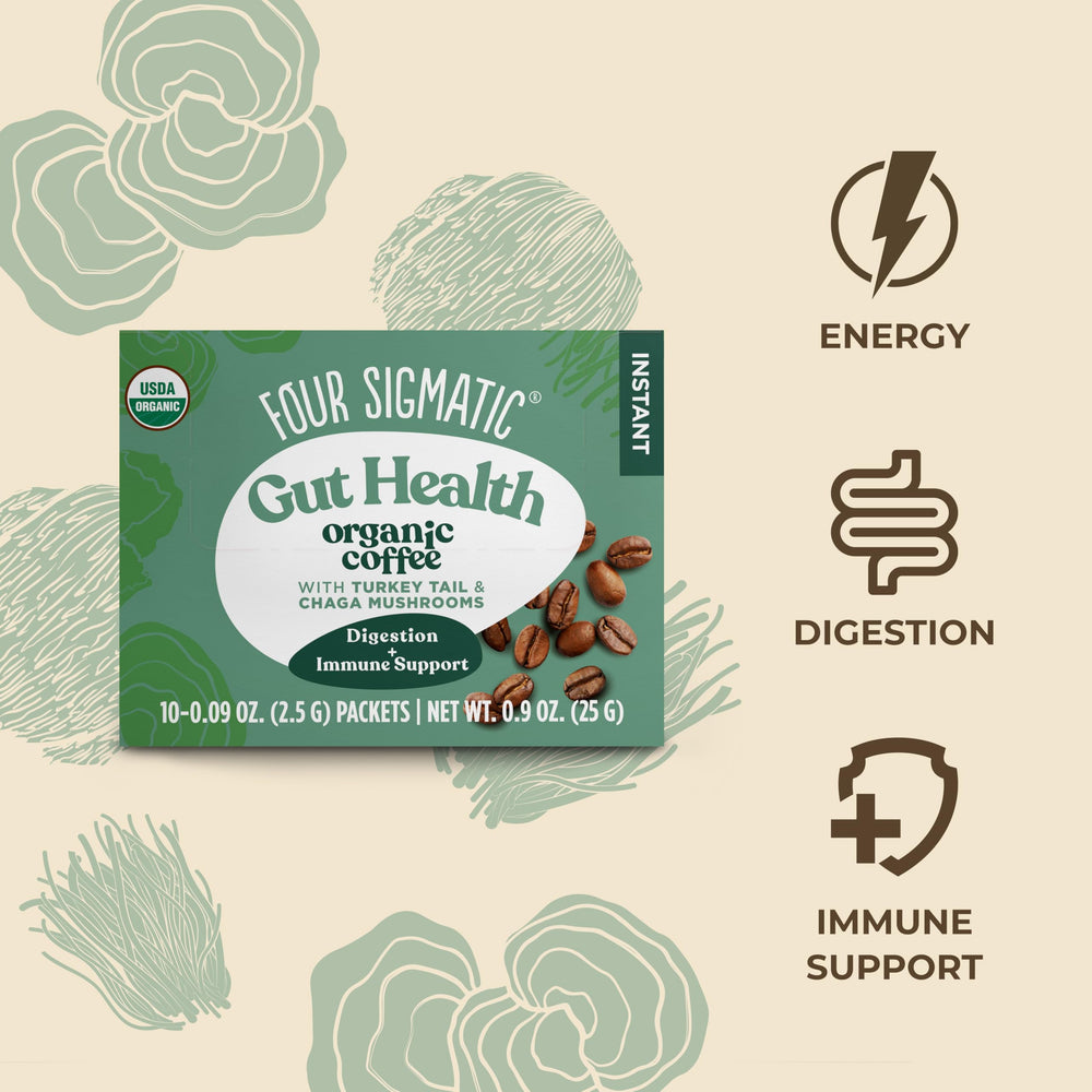 Four Sigmatic mushroom coffee pack 2 packaging display showcasing two blends.