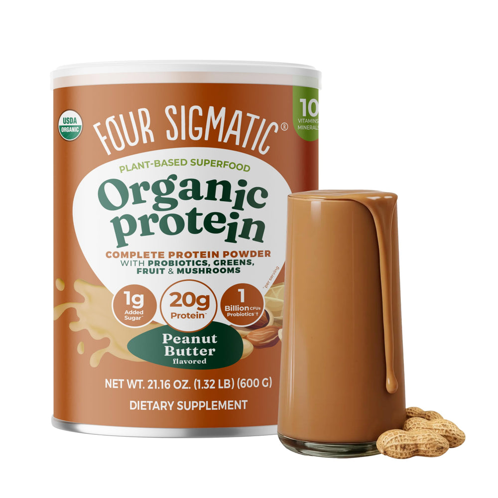Four Sigmatic Organic Protein Powder bottle label highlighting organic ingredients for clean protein.