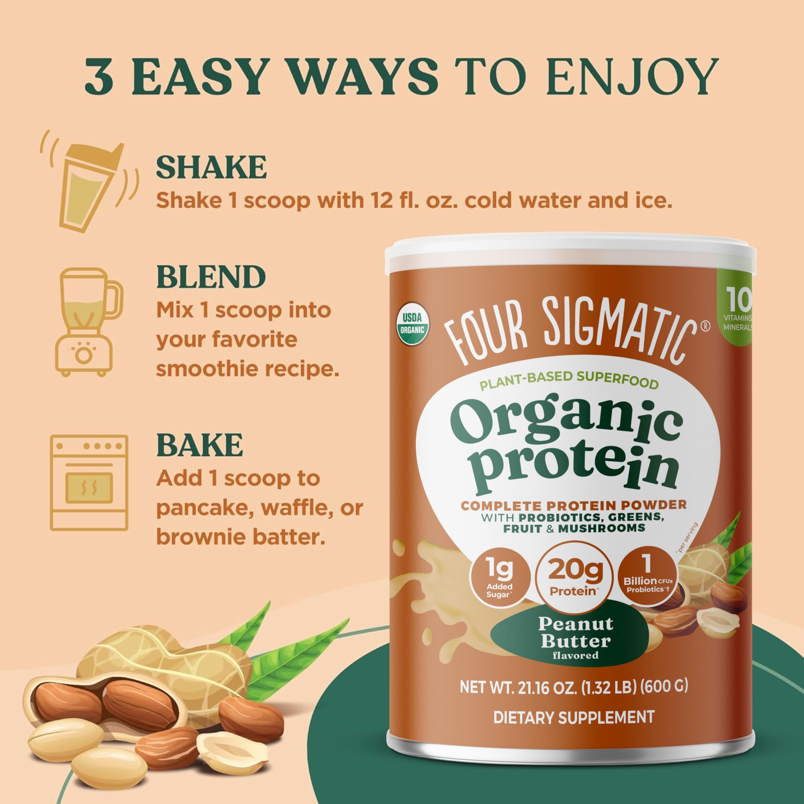 Four Sigmatic protein powder close-up texture highlighting creamy, smooth consistency.