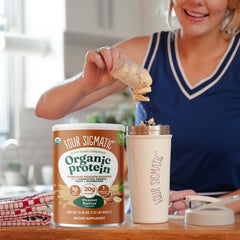 Four Sigmatic protein powder ingredients panel showcasing clean organic ingredients.