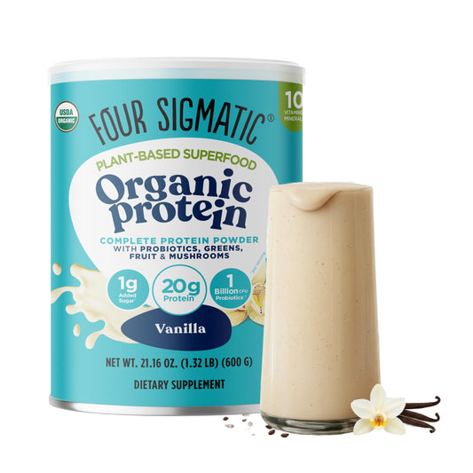 Four Sigmatic Organic Vegan Protein Powder vanilla container for daily plant-based energy.