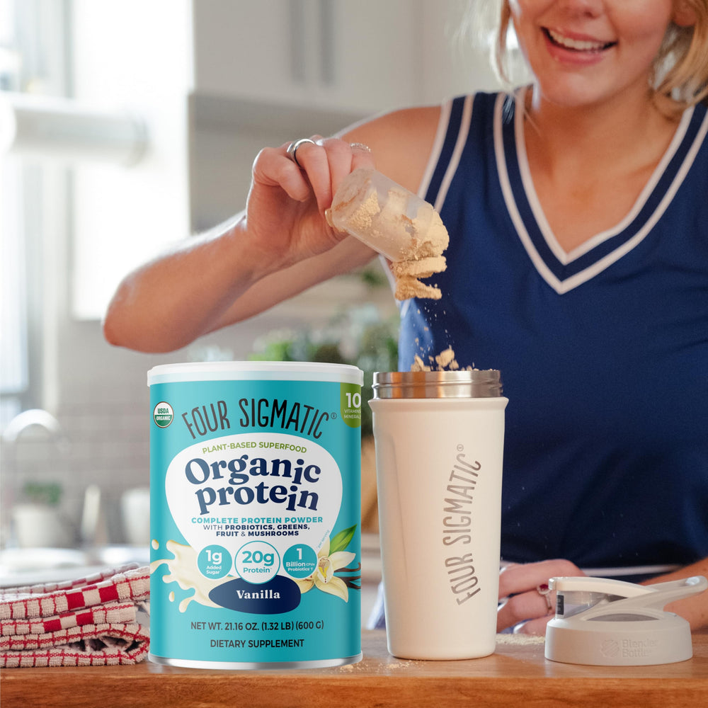 Four Sigmatic protein mix with functional mushrooms on a scoop.