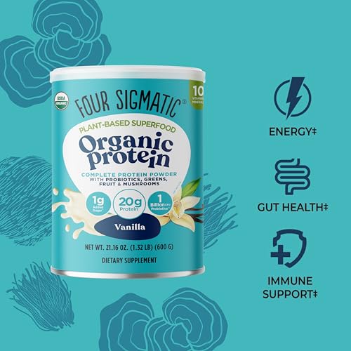 Four Sigmatic vanilla protein scoop over a glass, showcasing a creamy shake.