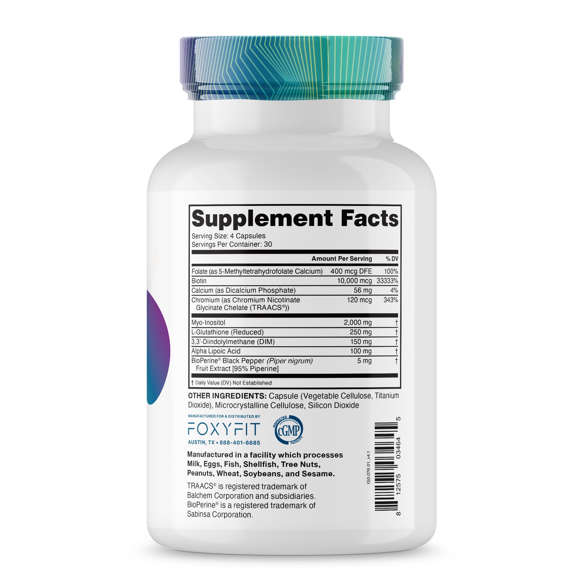 FoxyFit Essential Balance bottle label highlighting ingredients for hormonal balance.