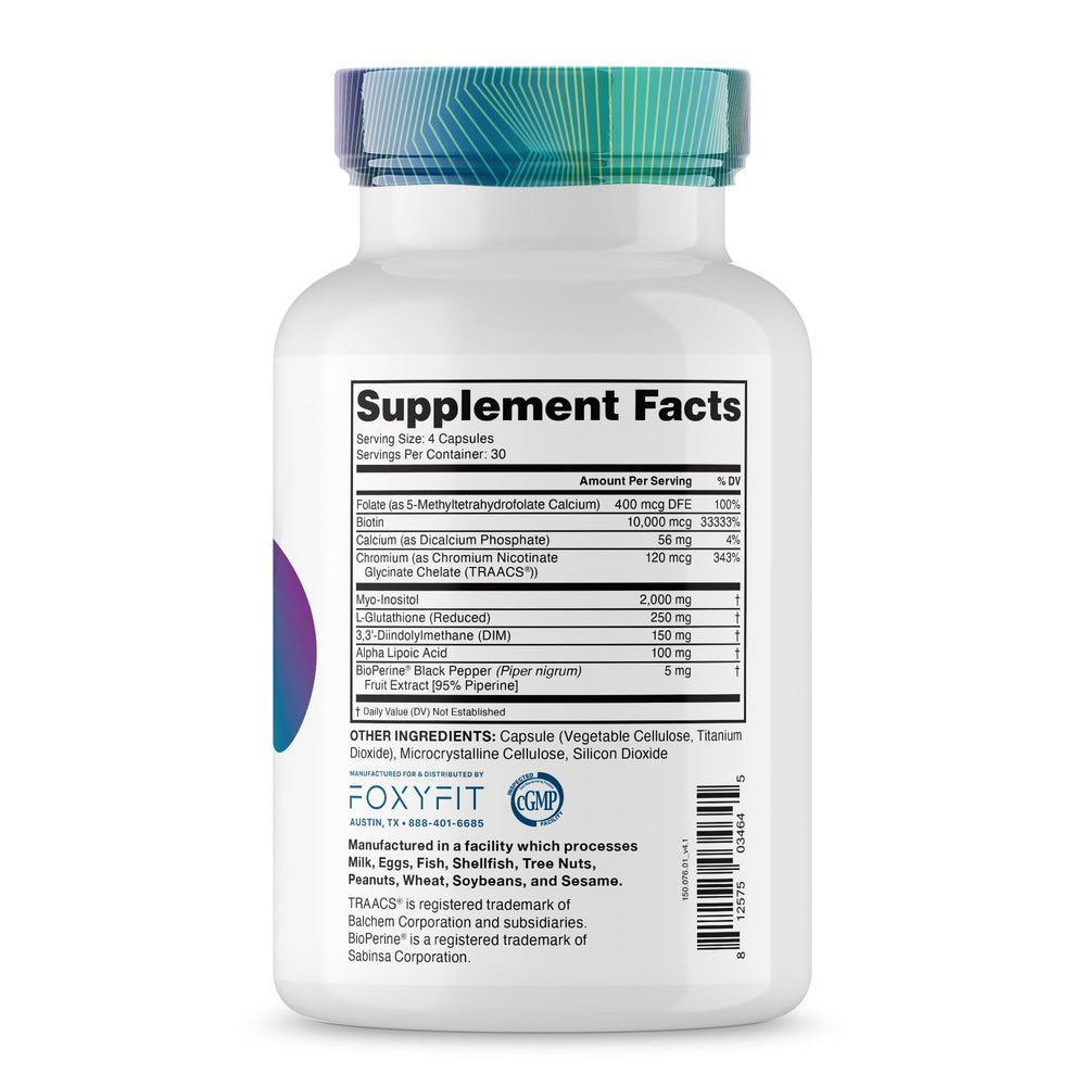FoxyFit Essential Balance bottle label highlighting ingredients for hormonal balance.