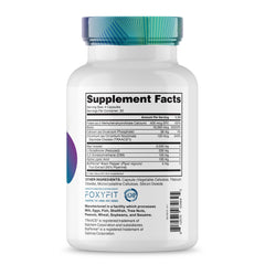 FoxyFit Essential Balance bottle label highlighting ingredients for hormonal balance.